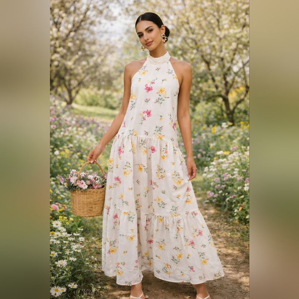 Sleeveless Halter Floral Maxi Dress in Cream